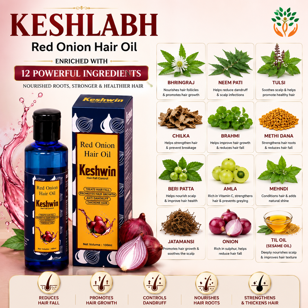 KESHWIN Red Onion Hair KESHWIN Red Onion Hair Oil 100ml | Herbal Hair Care Oil | Strong & Healthy Hair Support | Direct Manufacturer