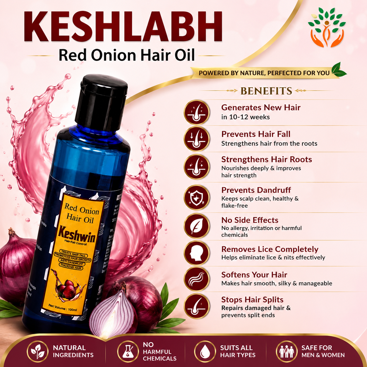 KESHWIN Red Onion Hair 1 KESHWIN Red Onion Hair Oil 100ml | Herbal Hair Care Oil | Strong & Healthy Hair Support | Direct Manufacturer