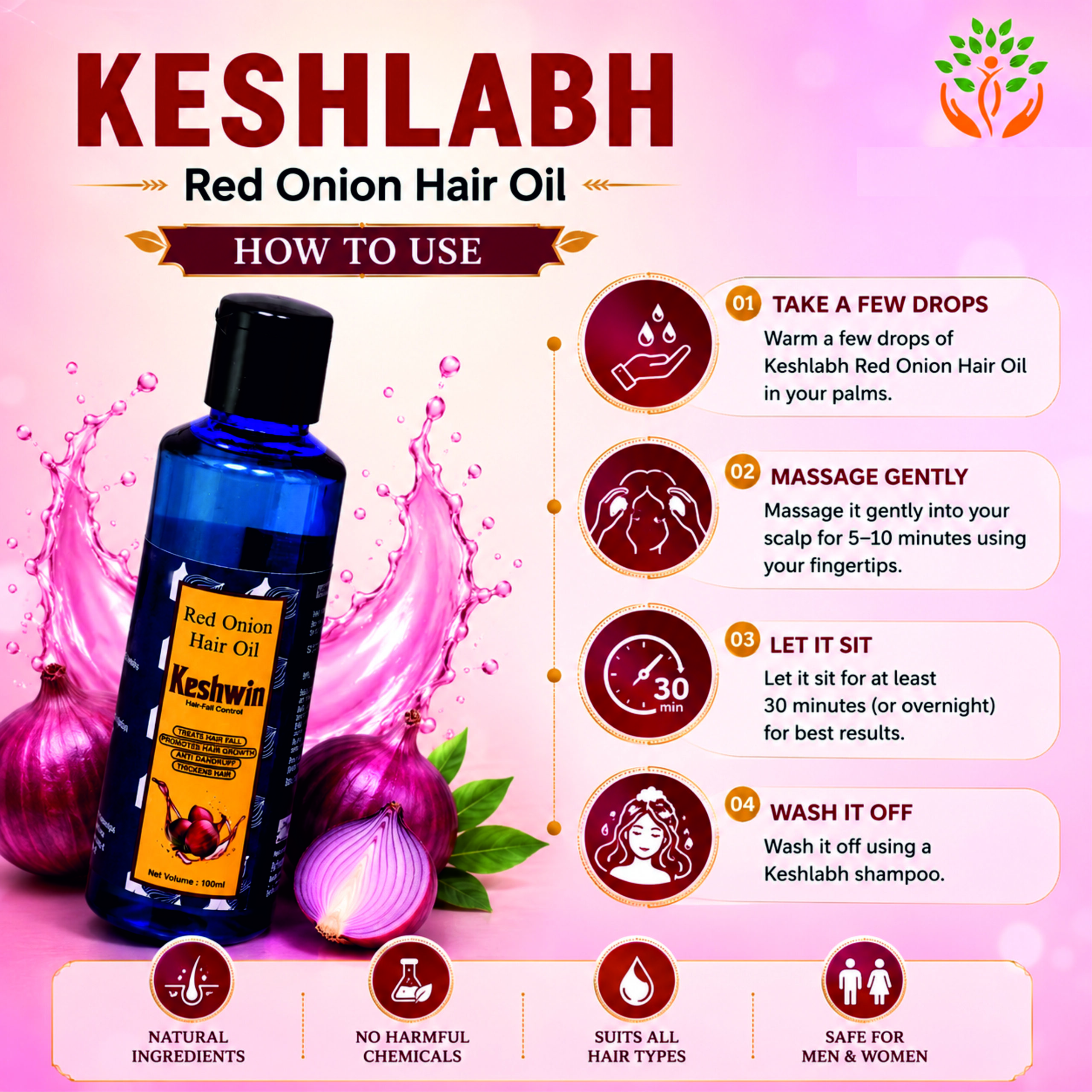 KESHWIN Red Onion Hair 2 KESHWIN Red Onion Hair Oil 100ml | Herbal Hair Care Oil | Strong & Healthy Hair Support | Direct Manufacturer