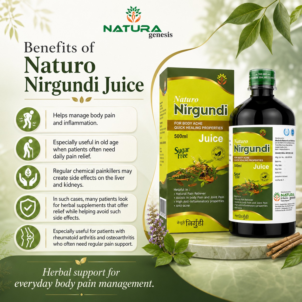 Nirgundi NATURO Nirgundi Juice 500ml | Herbal Wellness Juice | Joint Comfort & Mobility Support | Direct Manufacturer