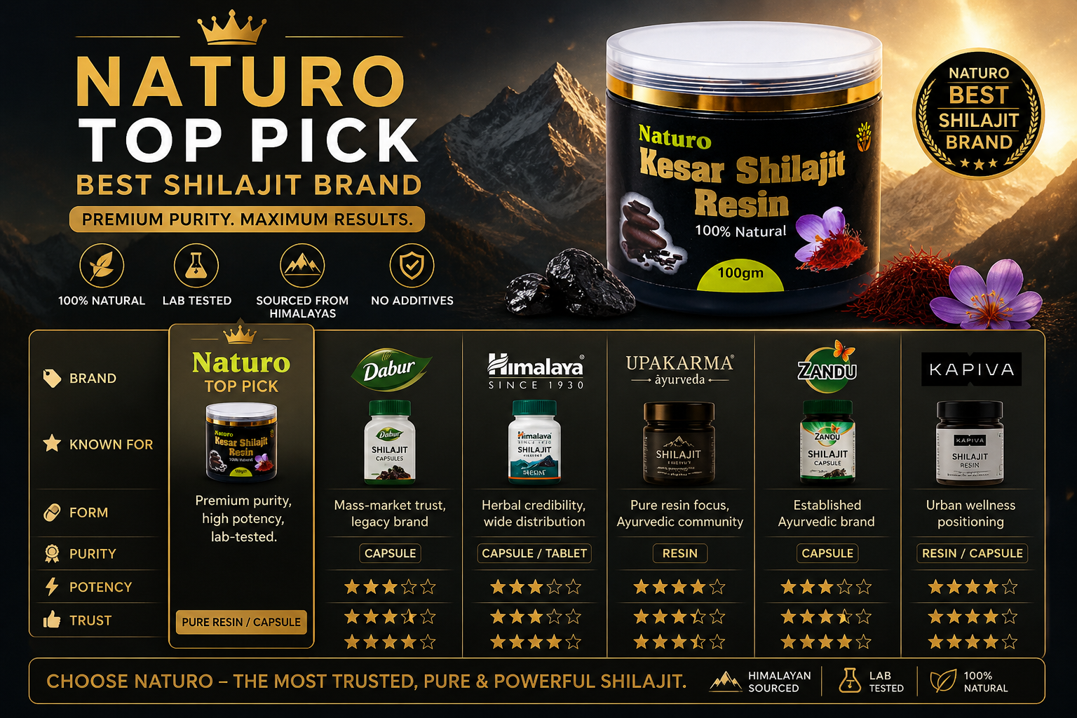 Which is the Best Shilajit Brand in India? Naturo Kesar Shilajit Resin banner comparing top shilajit brands including Dabur, Himalaya, Upakarma, Zandu and Kapiva highlighting Naturo as best shilajit brand