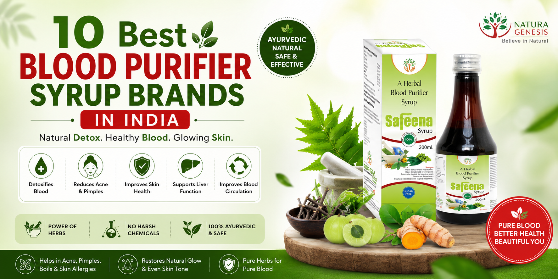 10 Best Blood Purifier Syrup Brands In India for Healthy & Glowing Skin Best Blood Purifier Syrup Brands In India featuring Safeena Ayurvedic Blood Purifier Syrup with natural herbs for healthy, clear, and glowing skin.