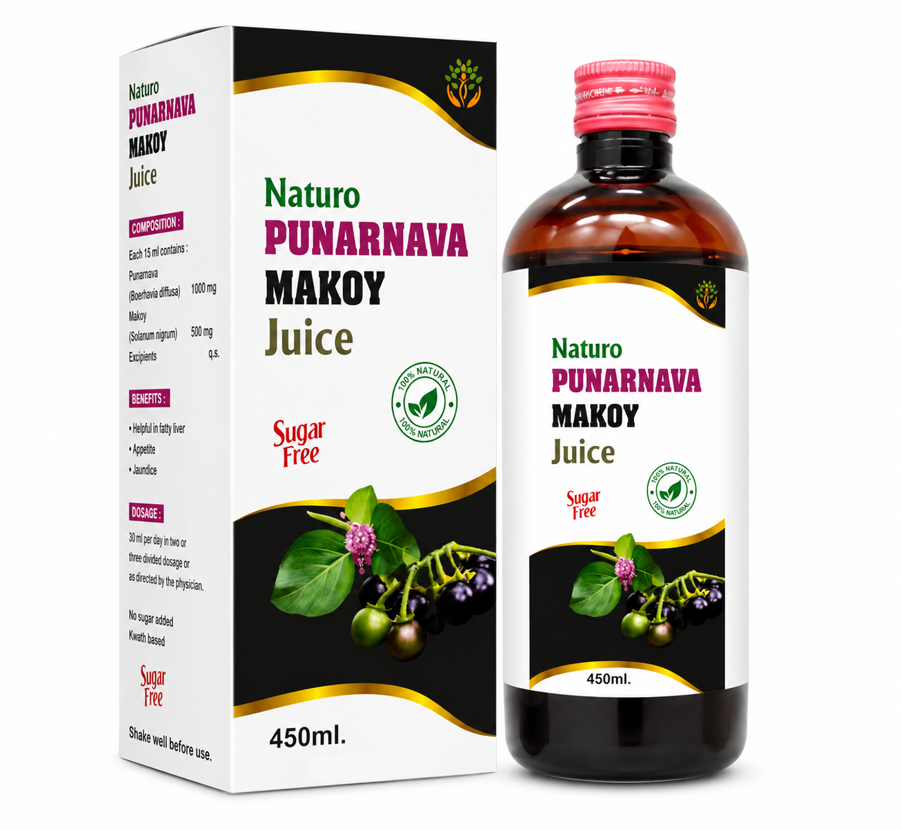 Naturo Punarnava Makoy Juice 450 ml | Ayurvedic Herbal Liver Wellness Juice Naturo Punarnava Makoy Juice 450 ml Sugar Free Ayurvedic Herbal Liver Wellness Juice with Punarnava and Makoy