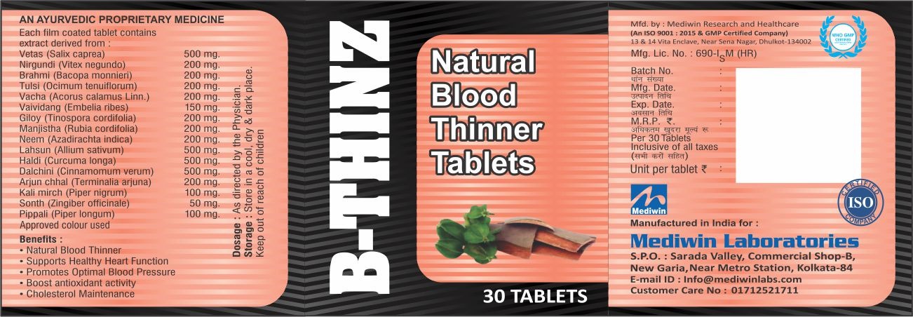 B-Thinz Label NATURO B-THINZ Tablets 30 | Herbal Blood Thinner Tablets | Circulation Support Formula | Direct Manufacturer